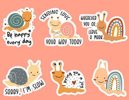 Cute cartoon snails stickers with quotes. Vector illustration.のイラスト素材