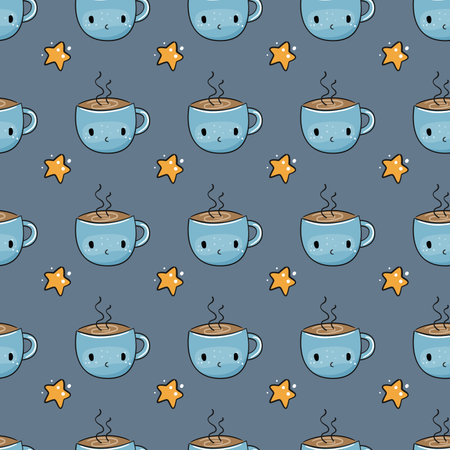 Cute coffee cup with stars seamless pattern. Vector illustration.のイラスト素材