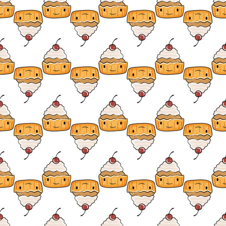 Cute funny cupcakes seamless pattern. Vector illustration.のイラスト素材
