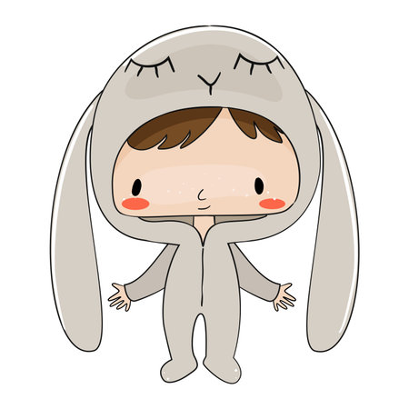 Cute little boy in bunny pajama. Vector illustration.のイラスト素材