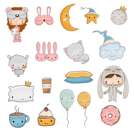 Pajama party cute cartoon set. Vector illustration.のイラスト素材