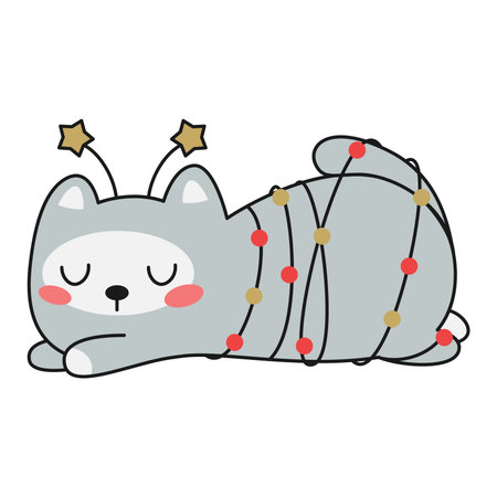 Cute christmas kawaii cat sleeping in garland. Vector illustration.のイラスト素材