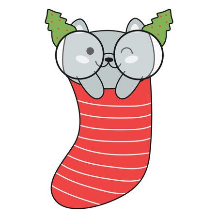 Cute christmas kawaii cat in red sock. Vector illustration.のイラスト素材