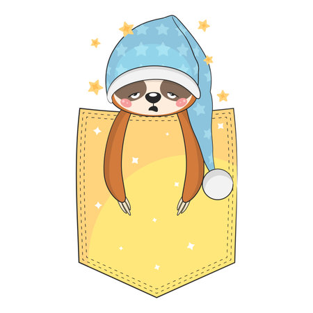 Cute baby sloth sleeping in pocket. Vector illustration.のイラスト素材