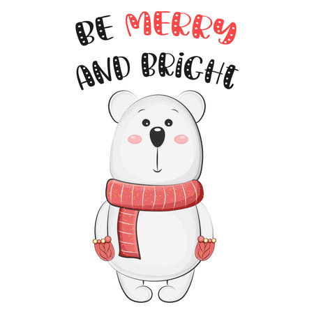 Cute polar bear with quote Merry and Bright. Vector illustration.のイラスト素材