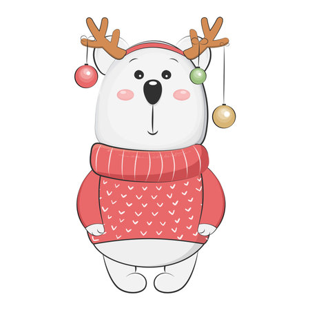 Cute polar bear in sweater and deer horns. Vector illustration.のイラスト素材