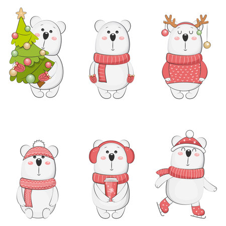 Cute polar bears collection. Christmas holiday. Vector illustration.のイラスト素材