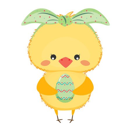 Cute baby chick with easter egg. Easter vector illustration.のイラスト素材