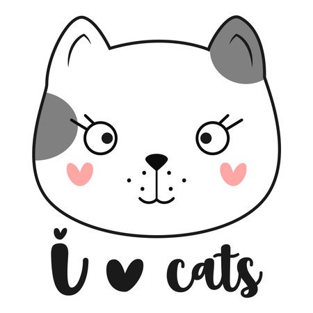 Cute doodle cat with hearts. I love cats quote. Vector illustration.のイラスト素材
