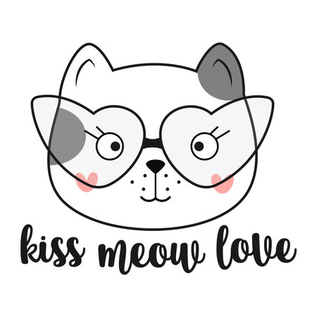 Cute doodle cat with glasses. Kiss meow love. Vector illustration.のイラスト素材