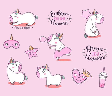 Cute cartoon magic unicorns collection. Vector illustration.のイラスト素材