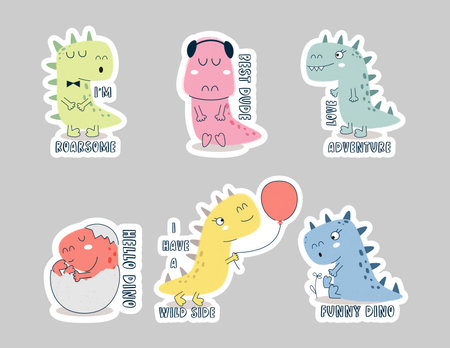 Cartoon dinosaurs stickers set. Stock Vector illustration.のイラスト素材