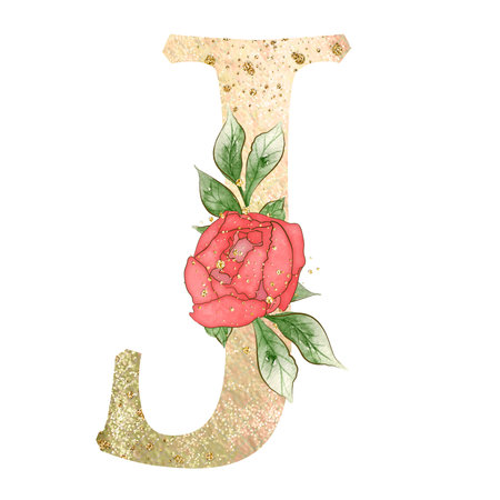 Gold capital letter J decorated with peonies flowers and leaves.の写真素材