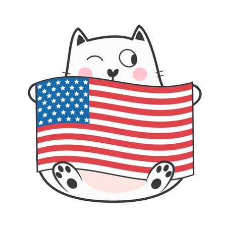4th of July Patriotic cute doodle cat. Vector stock illustration.のイラスト素材