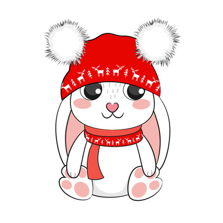 Cute cartoon Merry Christmas bunny. Vector stock illustration.のイラスト素材