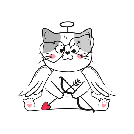 Cute cupid doodle cat. Valentines day vector illustration.のイラスト素材