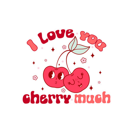 Retro groovy Valentines day quote. Love you cherry much. Vector illustration.のイラスト素材