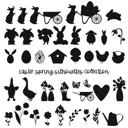 Happy Easter black plants and animals silhouettes.のイラスト素材