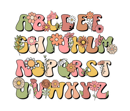 Boho groovy floral alphabet letters font. Vector illustration.のイラスト素材
