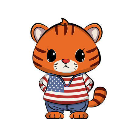 Cute cartoon patriotic tiger, independence day. Vector illustration.のイラスト素材