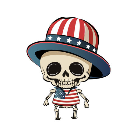 Cute cartoon patriotic skeleton in hat. Vector illustration.のイラスト素材