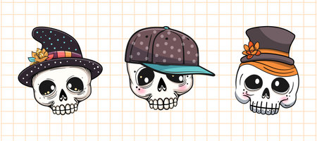 Cute cartoon skulls set. Halloween party. Vector illustration.のイラスト素材