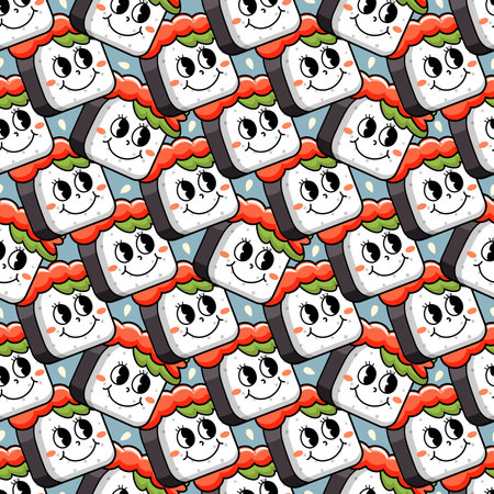 Seamless pattern of japanese traditional food, kawaii sushi and rolls. Vector illustration.のイラスト素材