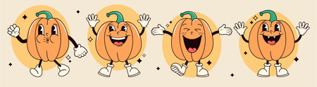 Groovy halloween cartoon pumpkins set.のイラスト素材