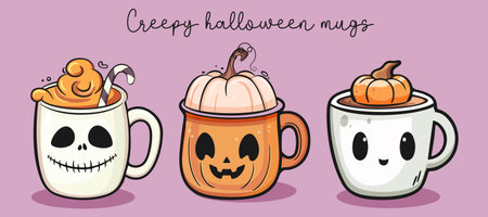 Happy Halloween set of cute creepy mugs with faces. Vector illustration in cartoon style.のイラスト素材