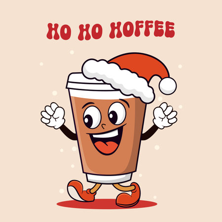 Cartoon coffee cup in santa hat with text HO HO HOFFEE, retro mascot character. Vector illustration.のイラスト素材