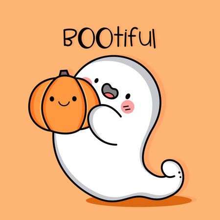 Cute kawaii ghost holding pumpkin. Bootiful text. Vector illustration.のイラスト素材
