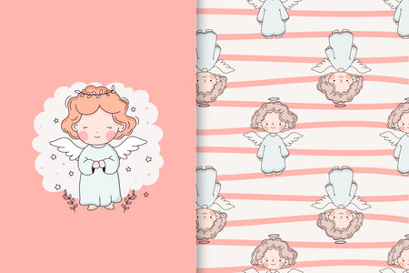 Cute baby angel. Cartoon card and seamless pattern set. Vector illustration.のイラスト素材