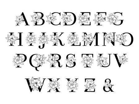 Floral Alphabet, Flower Letters, decorative letters set. Vector illustration.のイラスト素材