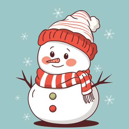 Cute snowman in hat and scarf in cartoon style. Vector illustration.のイラスト素材