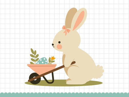 Cute rabbit with wheelbarrow. Little bunny in cartoon style. Vector illustration.のイラスト素材