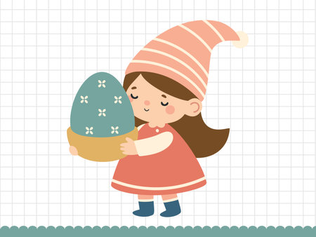 Cute girl gnome with egg for Easter and spring holidays. Vector illustration.のイラスト素材