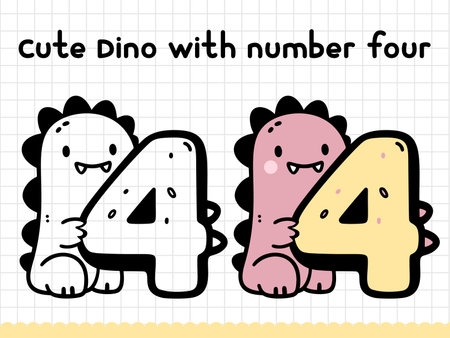 Cute doodle dinosaur with number four for preschoolers. Vector illustration.のイラスト素材