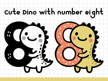 Cute doodle dinosaur with number eight for preschoolers. Vector illustration.のイラスト素材