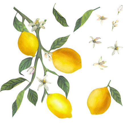 Hand drawn watercolor half, whole and slice of limes with leaves and flowers.の写真素材