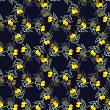 Watercolor seamless pattern with illustration of branch with fresh citrus yellow fruit lemon, green...