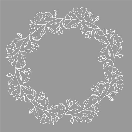 Wreath with white graphic vector plant branches with buds and berriesのイラスト素材