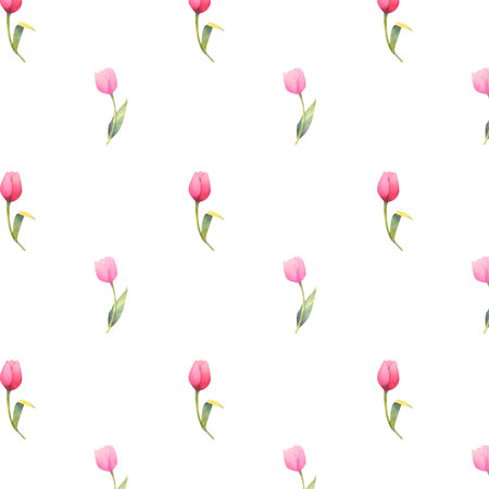 Watercolor illustration with Magenta tulips. Seamless pattern. Watercolor spring floral ornament.の写真素材