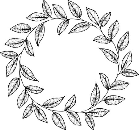 Wreath with graphic vector plant branches with line stylization. Vector elements for wedding design, logo design, packaging and other ideasのイラスト素材