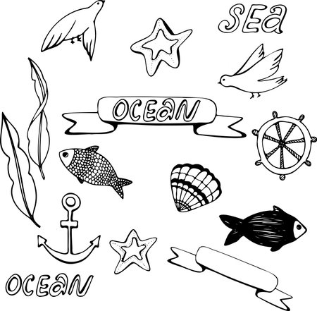 Set of vector illustrations of the underwater world in doodle style. Sea elements hand drawn for logos, patterns, postcards, typography, editable without backgroundのイラスト素材