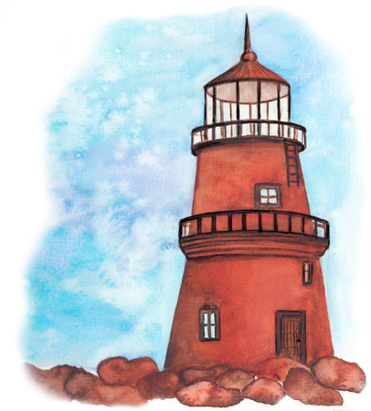 Hand drawn watercolor lighthouse illustration with blue sky background. Its perfect for card, postcard, poster, banner.の写真素材