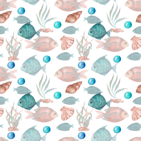 Seamless watercolor underwater life pattern. Boundless pattern can be used for web page backgrounds, wallpapers, wrapping papers, invitation and summer designs.の写真素材