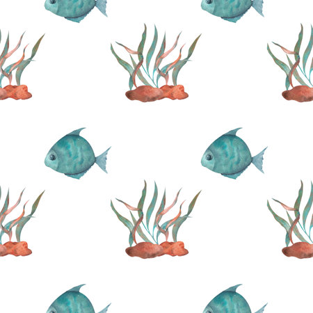 Seamless watercolor underwater life pattern. Boundless pattern can be used for web page backgrounds, wallpapers, wrapping papers, invitation and summer designs.の写真素材