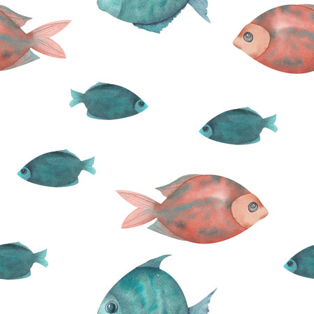 Hand-drawn watercolor fish seamless pattern. A set of decorative blue fish and one red fish on a white backgroundの写真素材