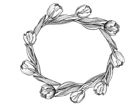 Tulips wreath drawing in one line drawing, minimal art. Background with free space incideのイラスト素材