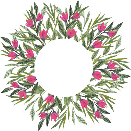 Round watercolor template with green leaves and flowers and circular place for text. Vector illustrationのイラスト素材